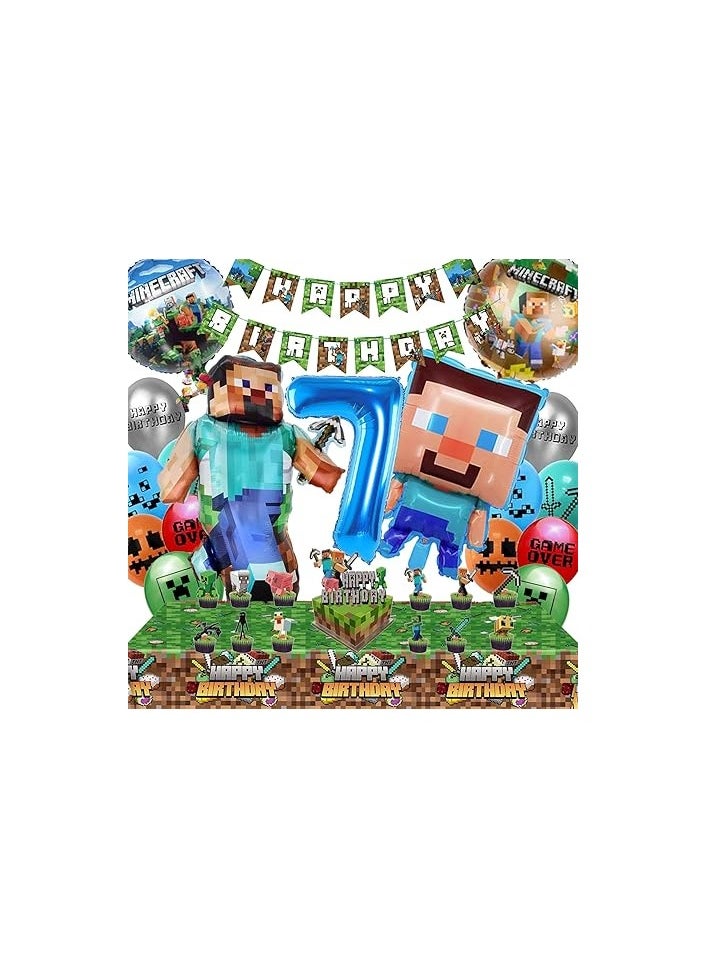 Minecraft Birthday Decoration 7 Years Boy Girl - Minecraft Decoration Birthday 7 Minercraft Balloons Birthday Garland Minecraft Cake Decoration Miner Gamer Tablecloth Minecraft Party Decoration Set