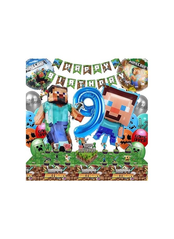 Minecraft Birthday Decoration 9 Years Boy Girl - Minecraft Decoration Birthday 9 Minercraft Balloons Birthday Garland Minecraft Cake Decoration Miner Gamer Tablecloth Minecraft Party Decoration Set