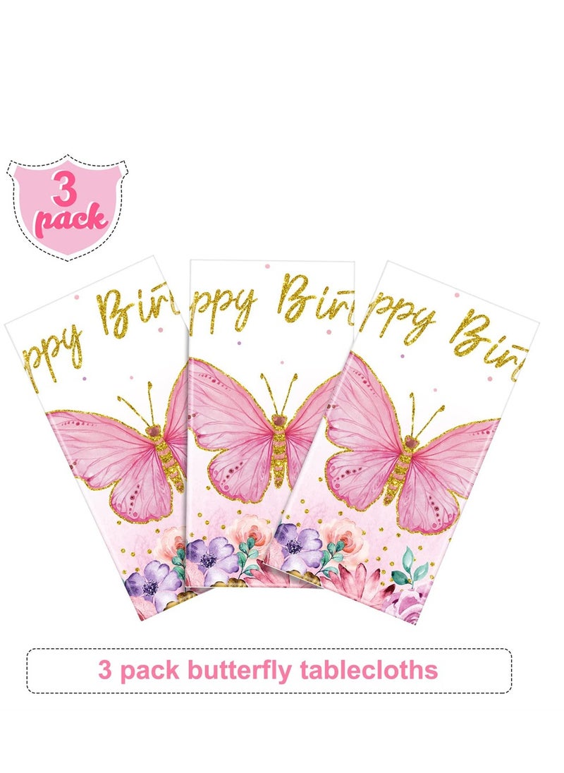 Spring Butterfly Tablecloth Set - 3 Pack Rectangular Watercolor Design, Perfect for Girls' Birthday Parties, 108 x 54 Inch (Pink)