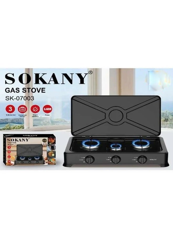 Sokany 3-Burner Gas Stove with Lid - Portable and Durable