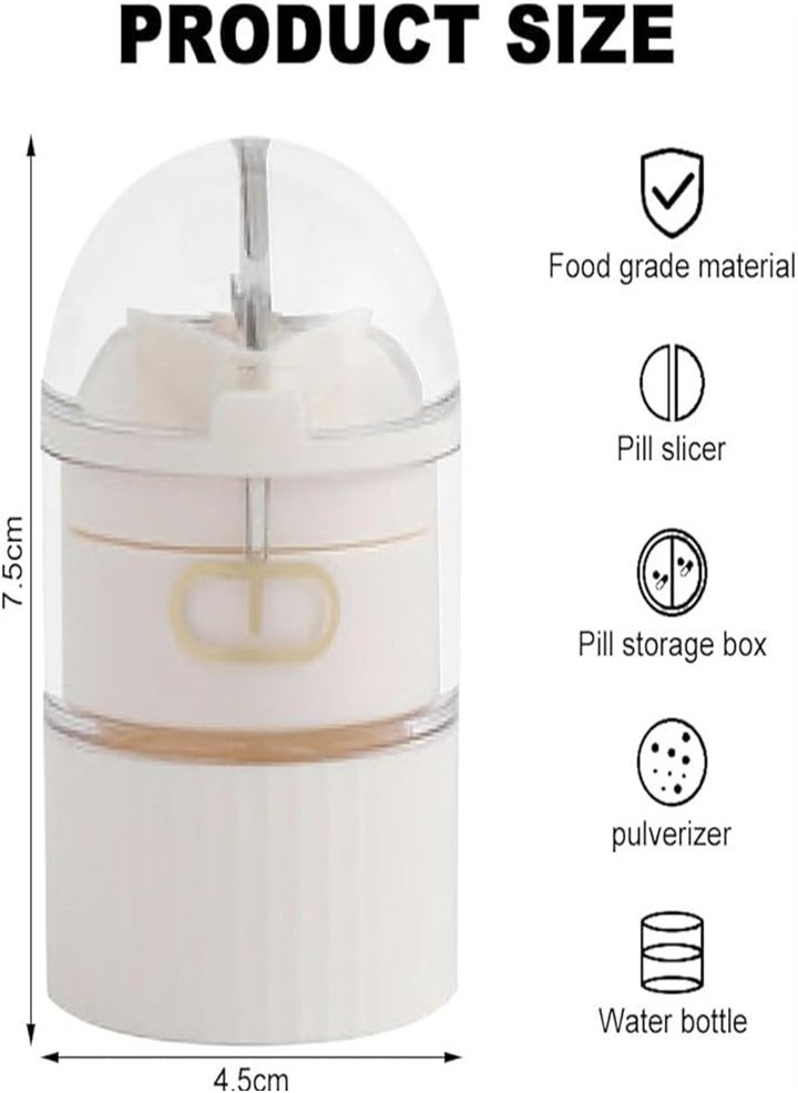 Medicine Storage Jar, 4 in 1, Mini Pill Box, Medicine Cutter with Blade, Pill Crusher, Water Cup, Suitable for Daily Travel Use (White)