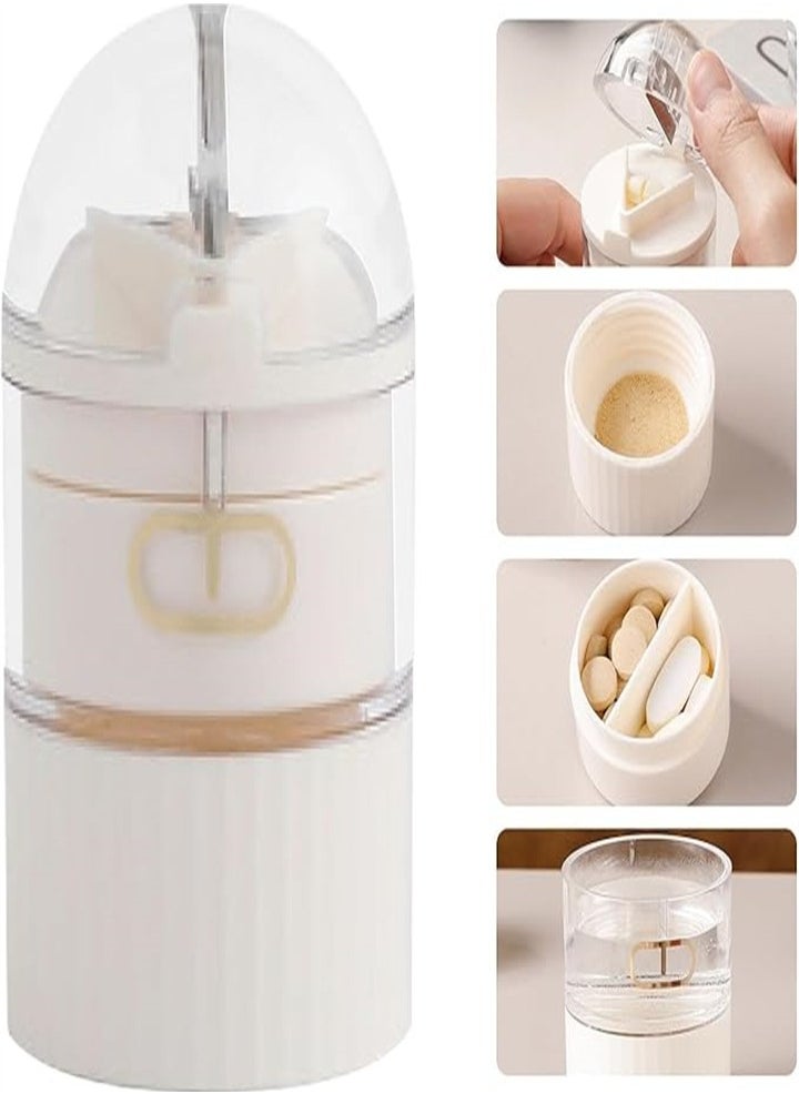 Medicine Storage Jar, 4 in 1, Mini Pill Box, Medicine Cutter with Blade, Pill Crusher, Water Cup, Suitable for Daily Travel Use (White)