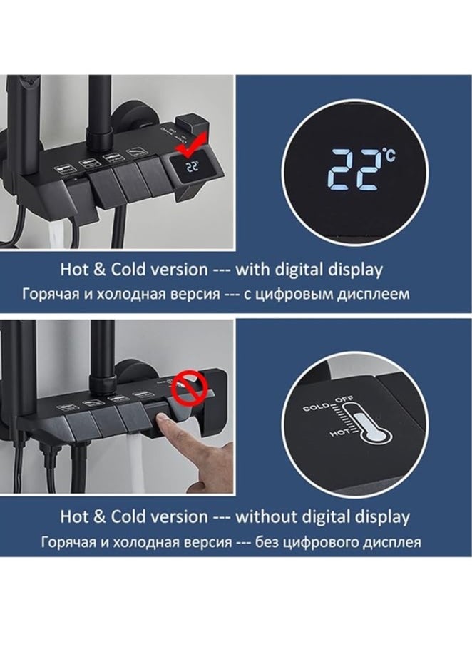 Rainfall Waterfall Shower Panel Tower System Black Piano Digital Display Shower Set 4-way Bathroom Faucets Hot Cold Waterfall Tap Rainfall Shower System Multifunctional (Color : Black Hot Cold,