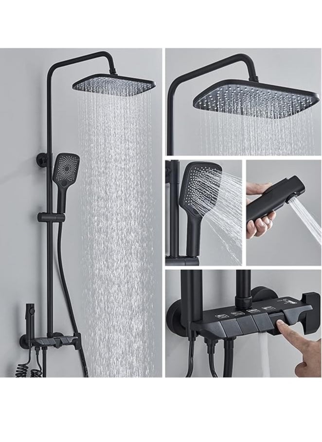 Rainfall Waterfall Shower Panel Tower System Black Piano Digital Display Shower Set 4-way Bathroom Faucets Hot Cold Waterfall Tap Rainfall Shower System Multifunctional (Color : Black Hot Cold,