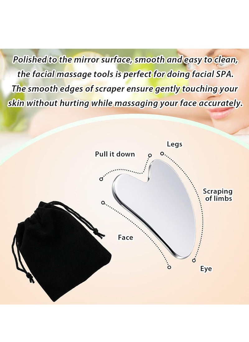 Stainless Steel Gua Sha Facial Tools Guasha for Face Metal Gua Sha Tighten Skin Massage Guasha Beauty Tool for Body Eyes Neck Massager with Travel Pouch Skin Care Gifts Silver