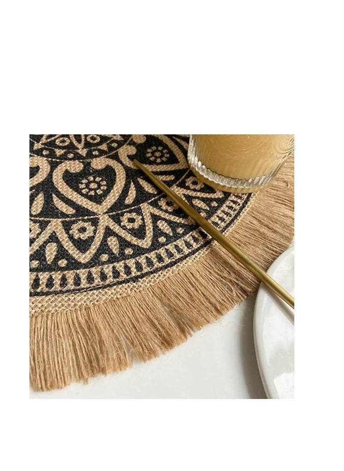 Set of 6 Round Placemats – Beige Braided Placemats with Tassels, Stylish Winter & Fall Dining Table Mats for Kitchen and Plates