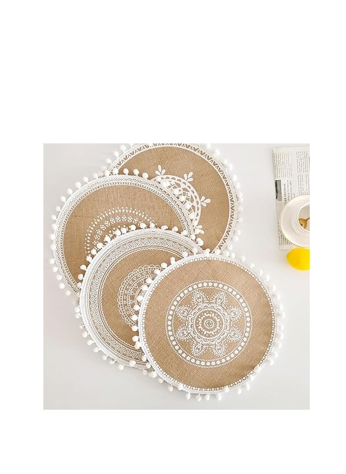 Set of 6 Round Placemats – Beige Braided Placemats with Tassels, Stylish Winter & Fall Dining Table Mats for Kitchen and Plates