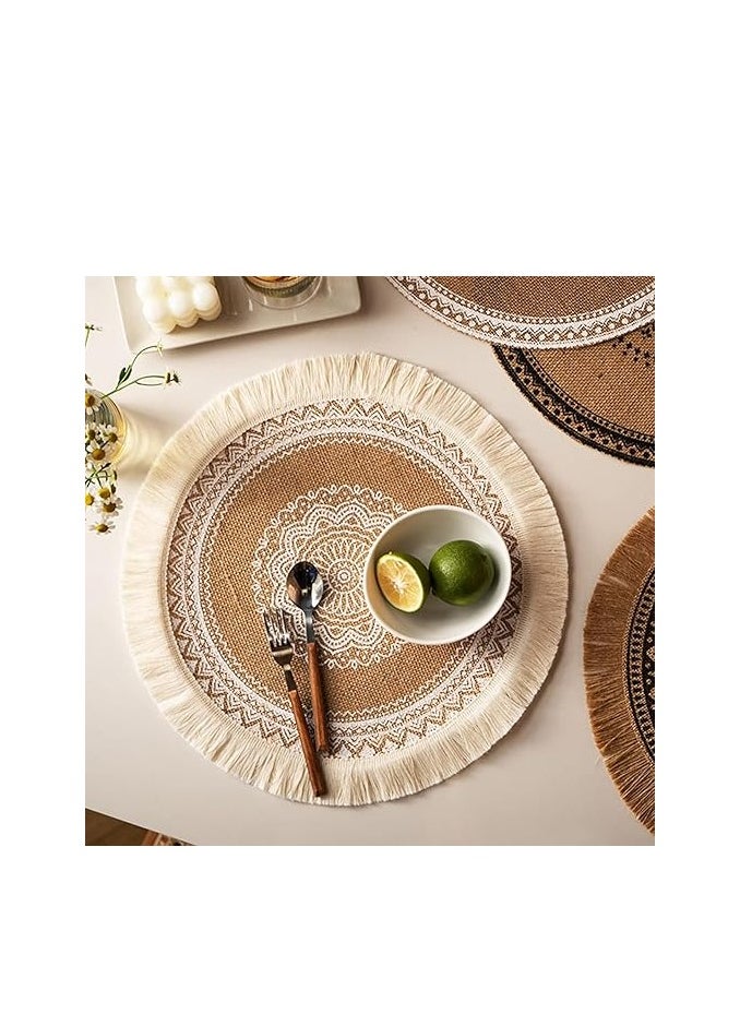 Set of 6 Round Placemats – Beige Braided Placemats with Tassels, Stylish Winter & Fall Dining Table Mats for Kitchen and Plates