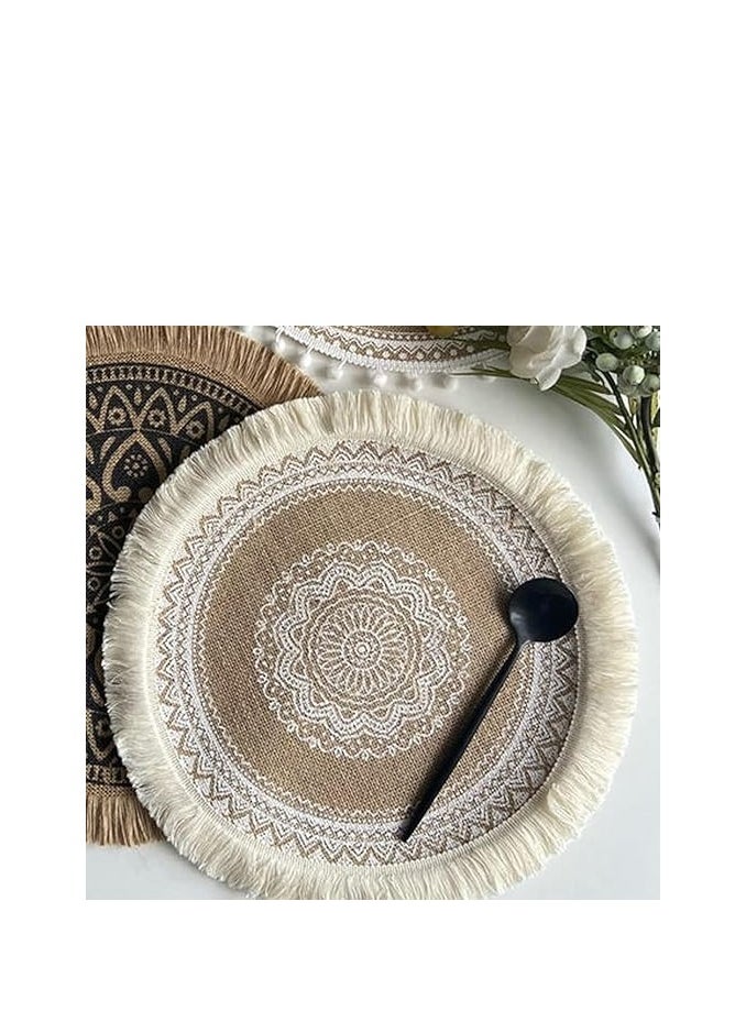 Set of 6 Round Placemats – Beige Braided Placemats with Tassels, Stylish Winter & Fall Dining Table Mats for Kitchen and Plates