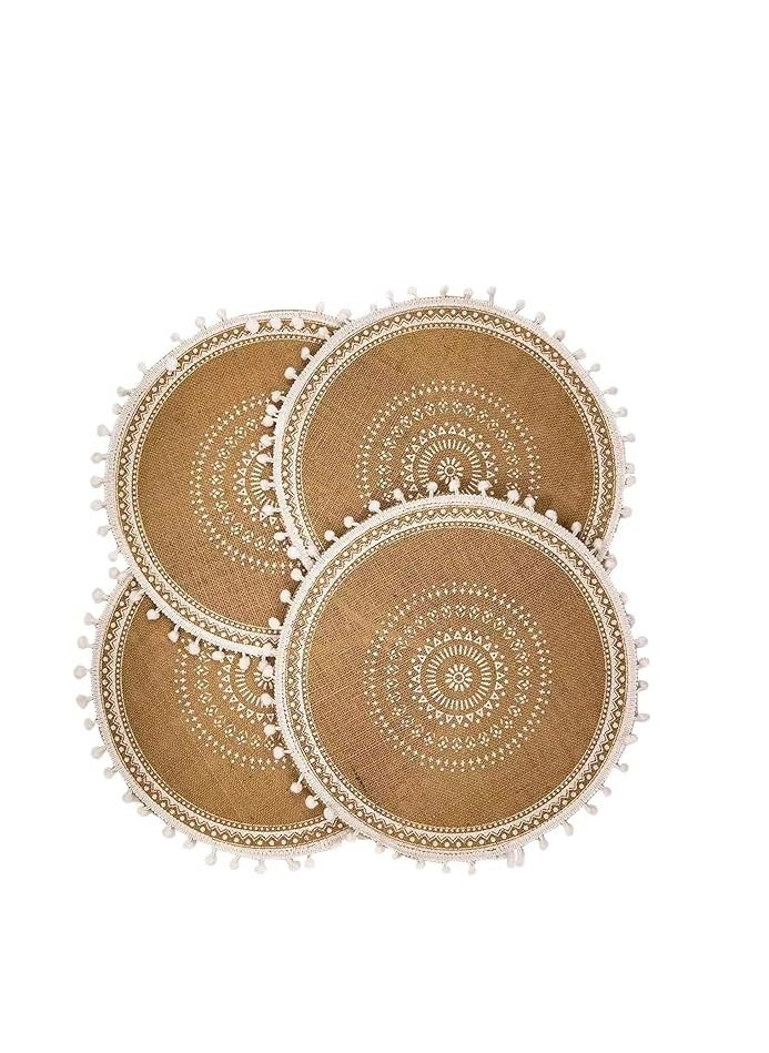 Set of 6 Round Placemats – Beige Braided Placemats with Tassels, Stylish Winter & Fall Dining Table Mats for Kitchen and Plates