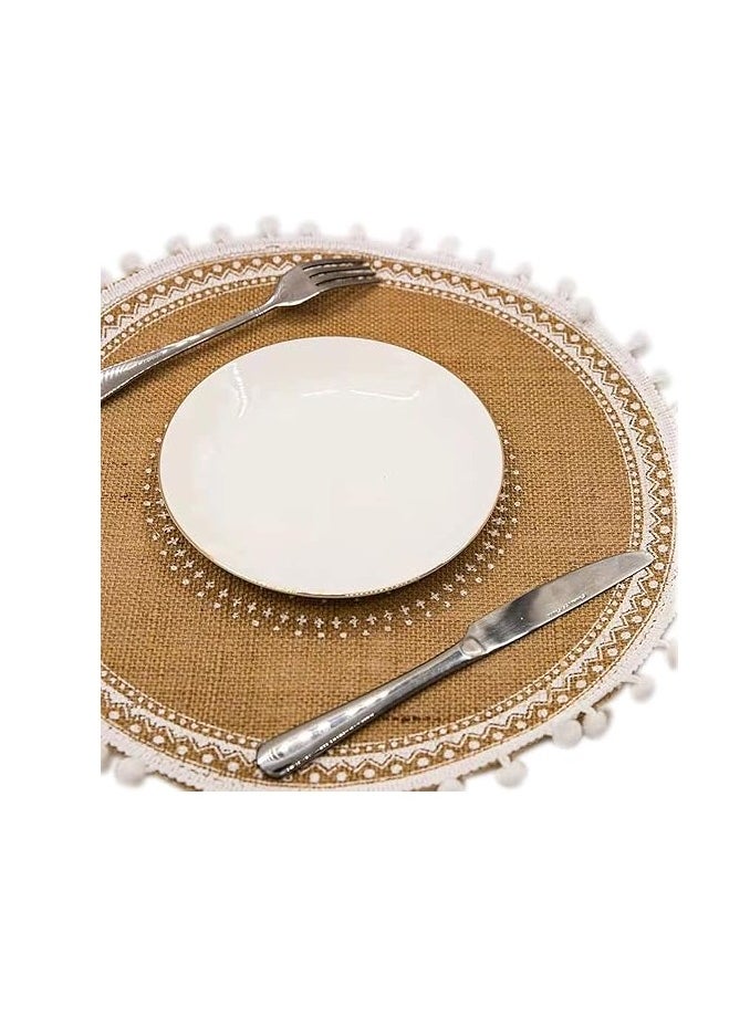 Set of 6 Round Placemats – Beige Braided Placemats with Tassels, Stylish Winter & Fall Dining Table Mats for Kitchen and Plates