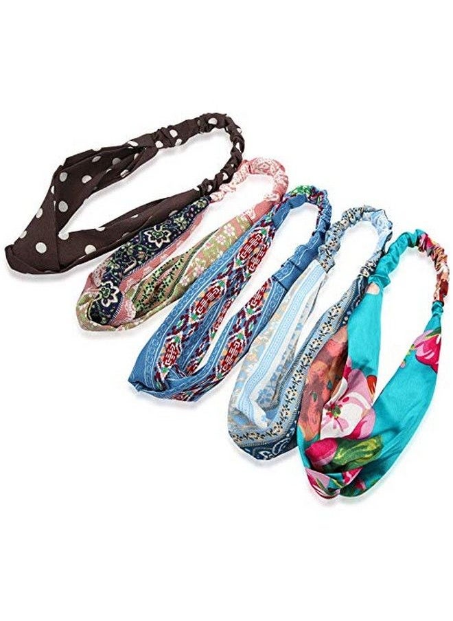 Trendy Club Women's Boho Vintage Flower Print Fabric Headband Retro Polka Dot Criss Cross Elastic Hairband - Multicolor, 10 Pieces