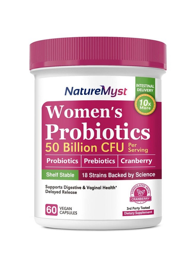 NatureMyst Women’s Probiotics, 50 Billion CFU, 18 Strains for Women, Plus Prebiotic & Cranberry, Support Digestive, Vaginal & Urinary Health, Shelf Stable, 60 Delayed Release Vegan Caps