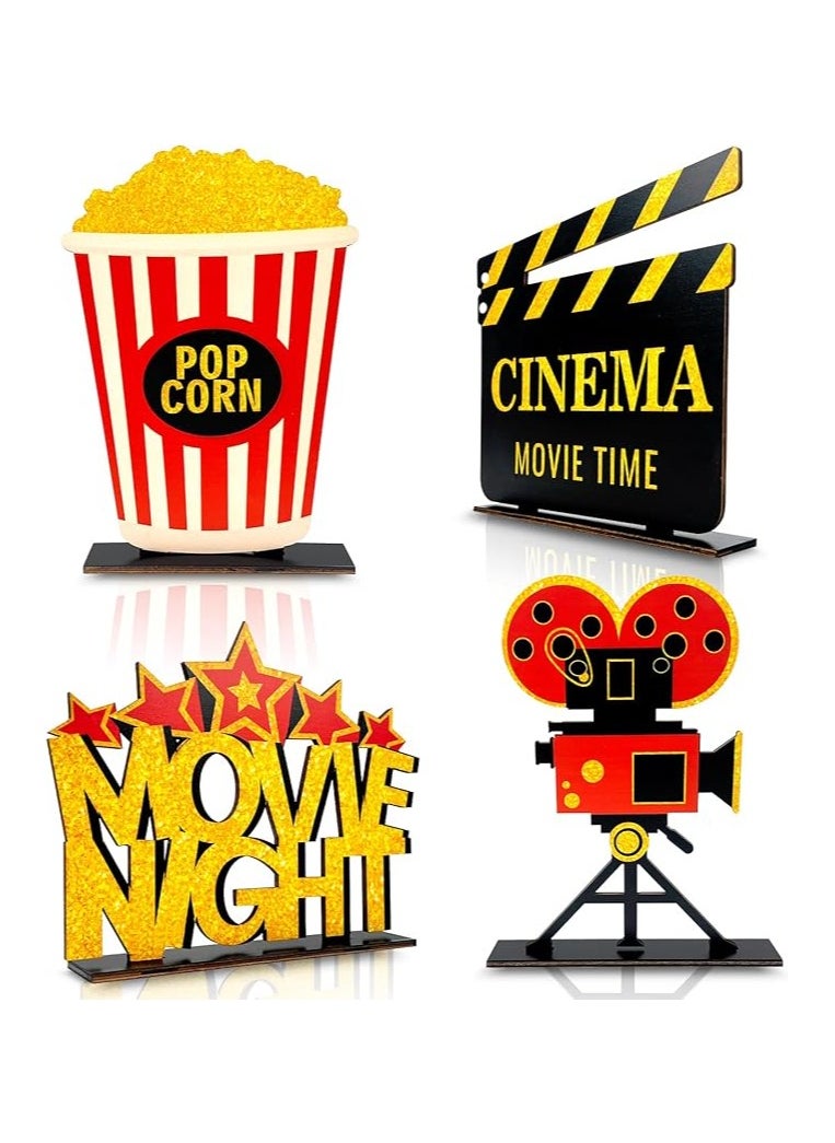 4 Pieces Movie Night Decorations Movie Theater Table Wooden Centerpieces Sign Hollywood Theme Party Decorations for Cinema Movie Time Birthday Party Favors Supplies