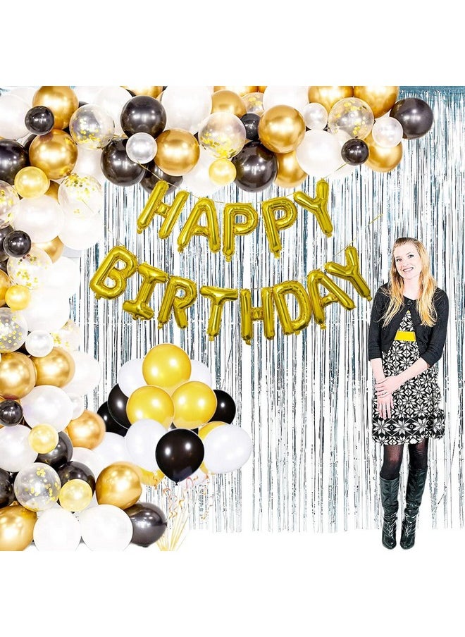 Theme My Party Birthday Decoration Kit - Black Golden Silver Latex Balloons Set with 2 Silver Foil Curtain & Golden Happy Birthday Foil Balloon