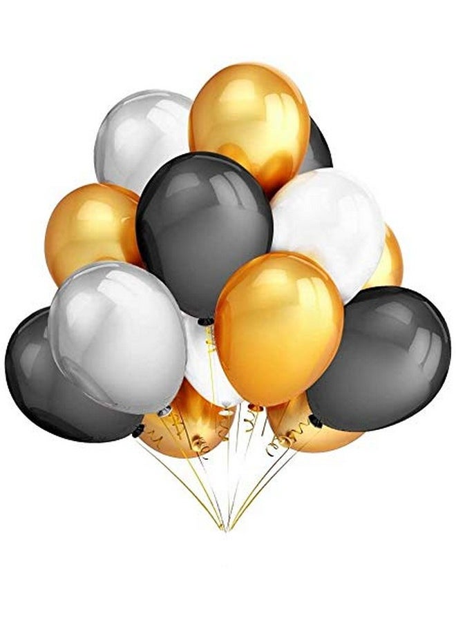 Theme My Party Birthday Decoration Kit - Black Golden Silver Latex Balloons Set with 2 Silver Foil Curtain & Golden Happy Birthday Foil Balloon