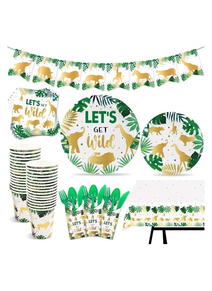 Golden Jungle Animal Party Supplies, Gold Foil Safari Jungle Animals Decorations, Including Animal Banner, Plates, Cups, Napkins, Tablecloth, Cutlery, Serves 20