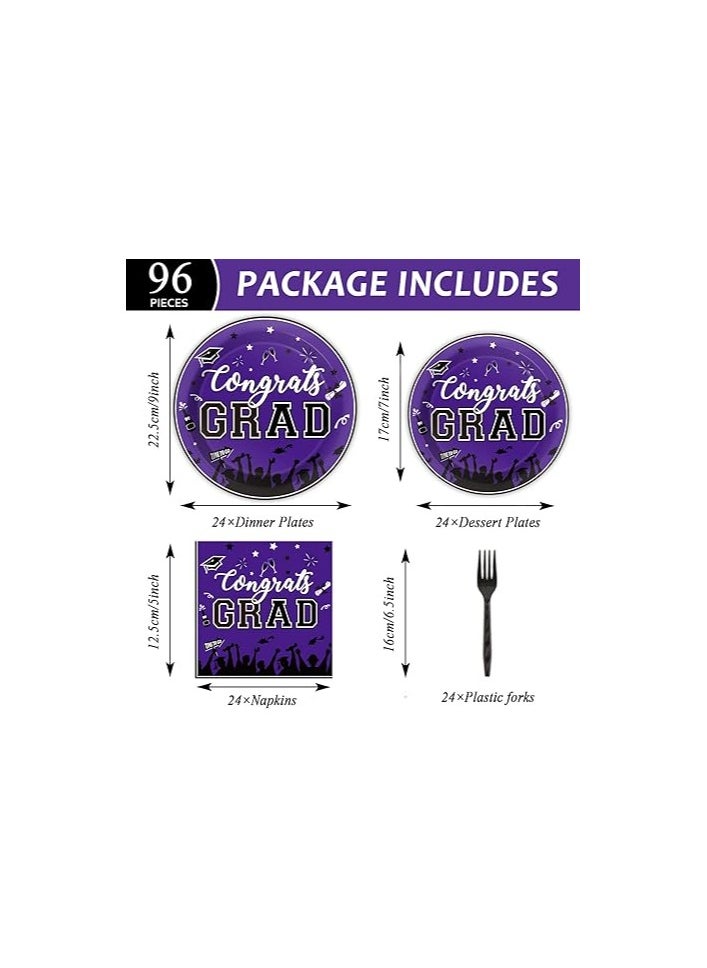 24 Guest Graduation Party Plates Napkins Supplies Purple Congrats Grad Tableware Set Class of 2025 Disposable Paper Plates Napkins Forks for Grad Party Decorations