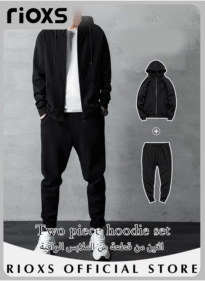 Men's 2-Piece Tracksuit Set with Hooded Jacket and Sweatpants, Comfortable Jogging Suits, Fashionable Athletic Full-Zip Sweat Suit, Made of Lightweight Stretch Material, Great for Indoor and Outdoor Activities
