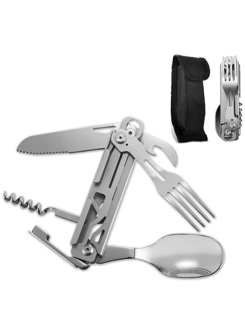 Outdoor Camping Utensil Set, Multi Tools 6 in 1 Stainless Steel Camping Spoon Fork Knife Combo