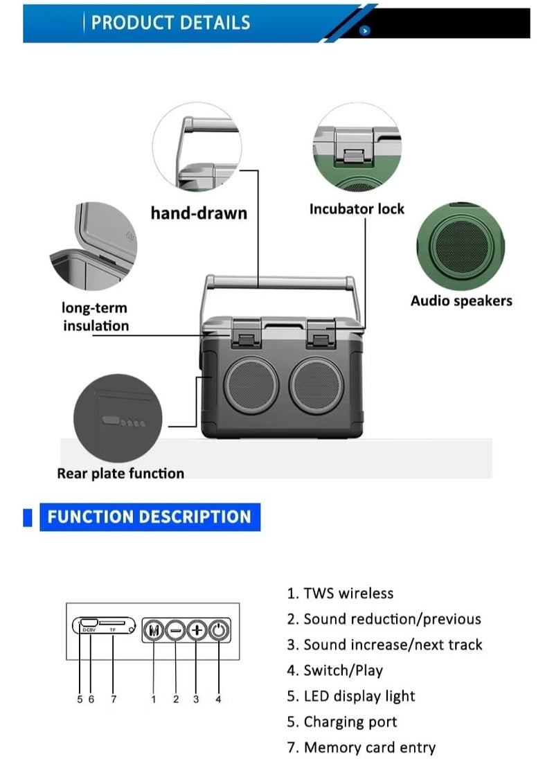 Portable Cooler Box with Speakers, 21L Beverage Cooler for Travel, Waterproof Ice Cooler for Outdoor, Caravan, Picnic, Camping, and Beach