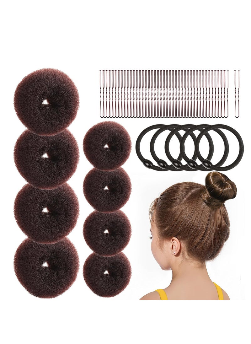 FANDAMEI 4PCS Donut Bun Makers for Kids with 4PCS Extra Small Hair Buns Kit, Ballet Bun Set with Elastic Hair Ties and Pins (Brown)