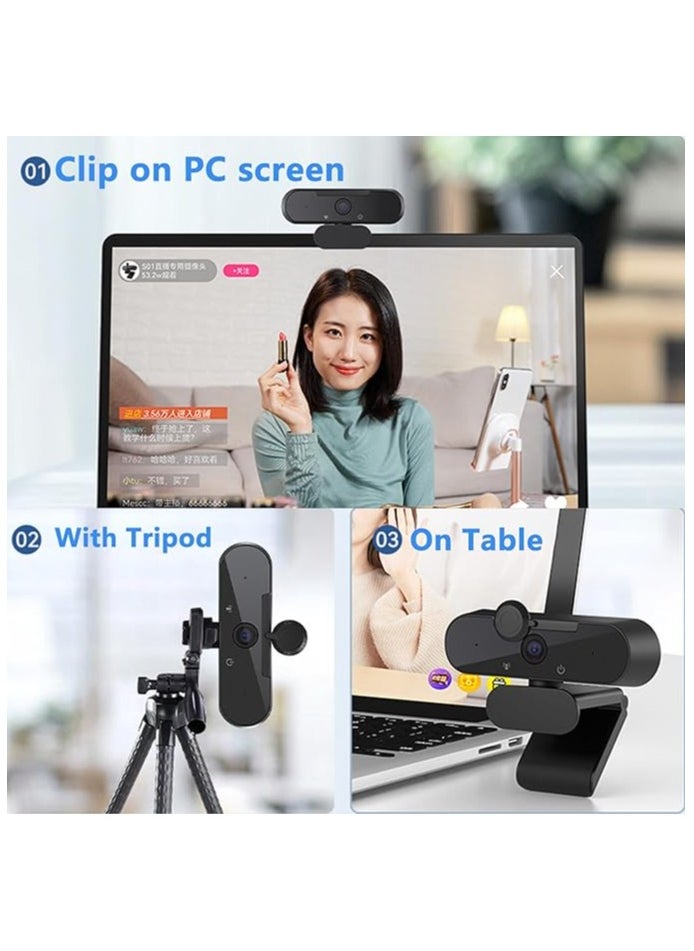 USB HD Webcam - 4K Webcam with Microphone, Auto Focus, Dual Noise Cancelling Microphones, Auto Light Correction, Protective Cover, Plug and Play, for Laptops, Desktops