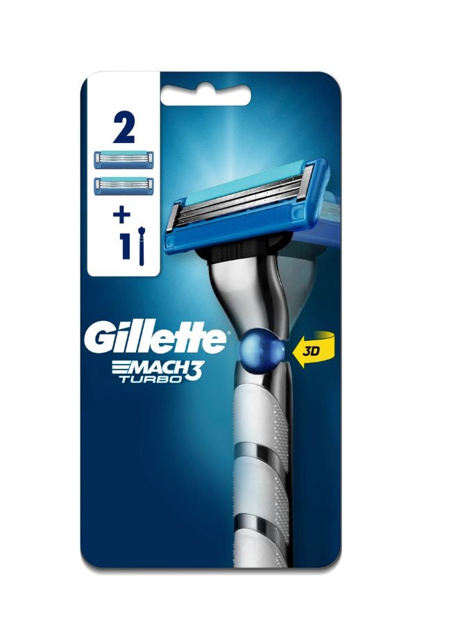 Mach3 Turbo 3D Razor Handle + 2 Blades Silver/Blue