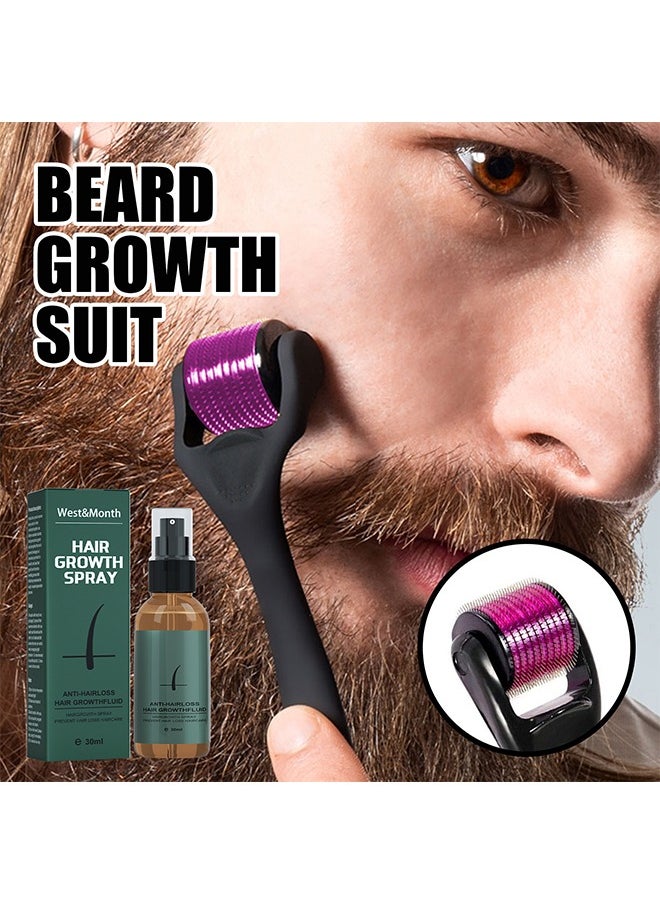 Hair Growth Spray,Beard Growth Spray Set for Men Nourishing Moisturizing Moustache Growth Enhancer Anti Hair Loss Care Serum with Beard Roller 30ml