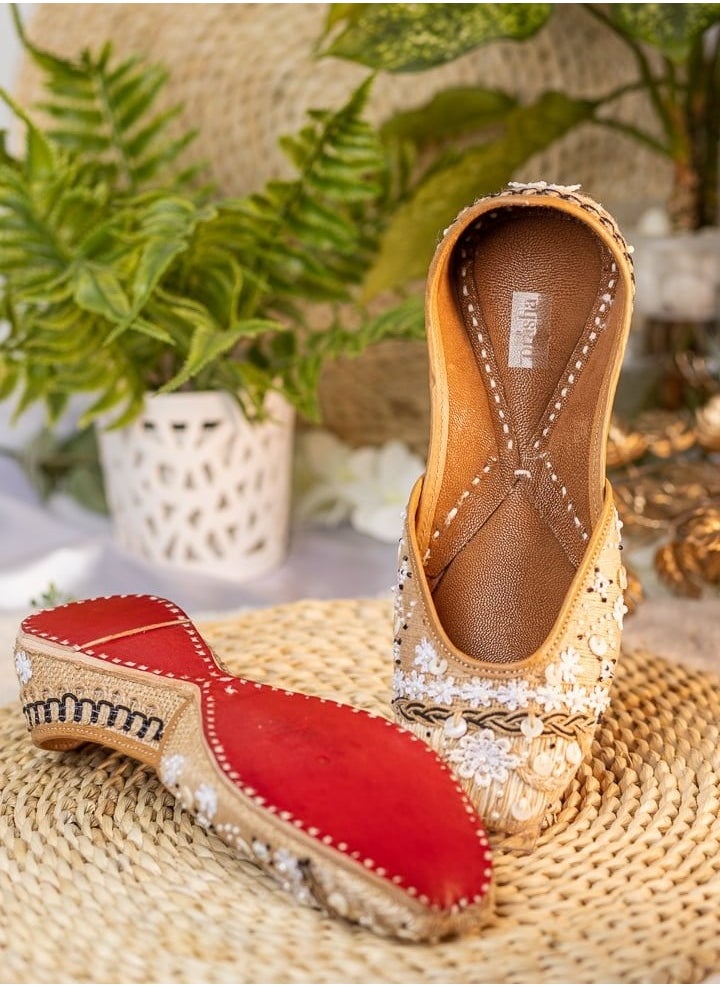 Women Beige Embroidered Mojari