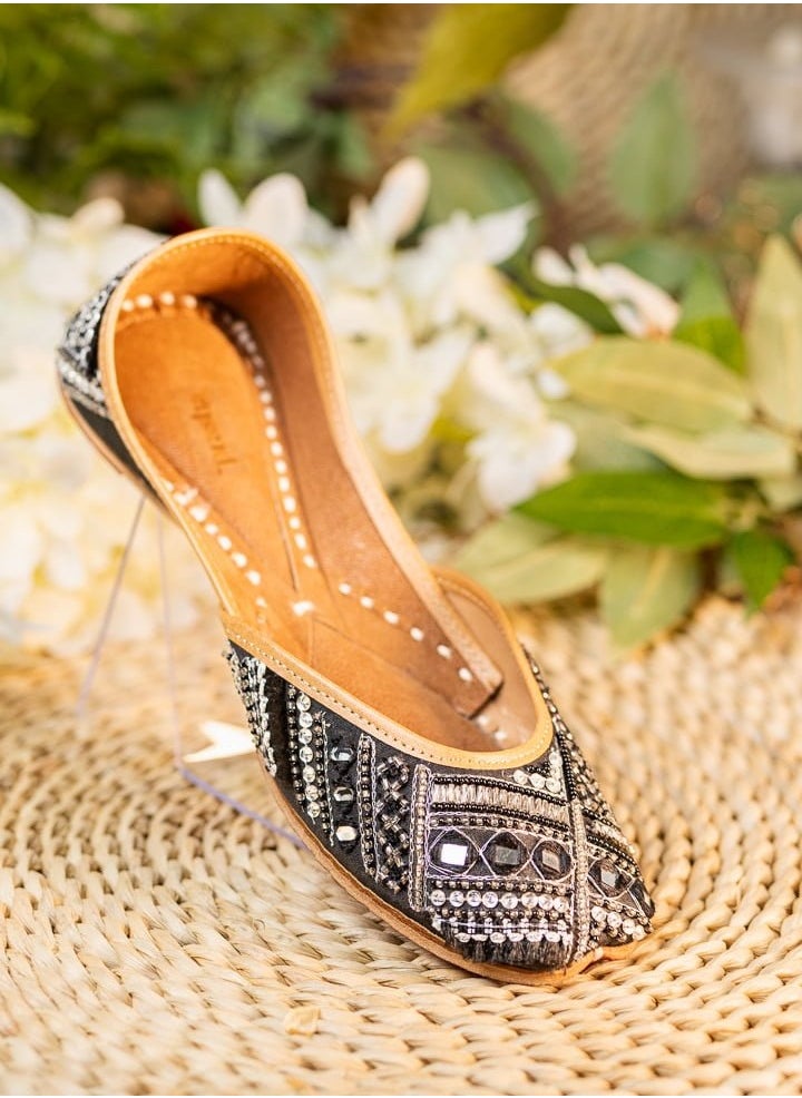 Women Black and Silver Ethnic Embellished Mojaris