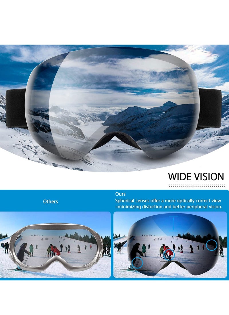 Ski Goggles Snowboard Glasses, OTG Framless Anti-Fog Spherical Interchangeable Lens 100% UV 400 Protection, Foam Anti-Scratch Dustproof for Men Women Youth Adult