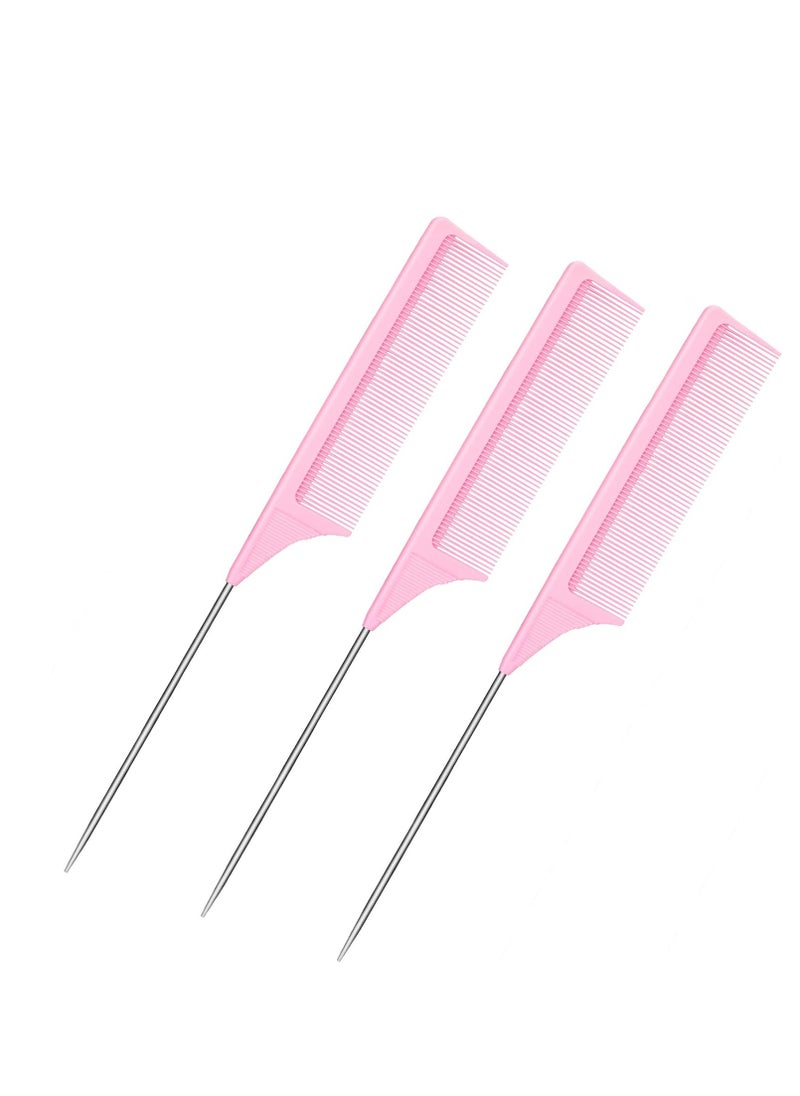 3 Packs Rat Tail Comb Steel Pin Rat Tail Carbon Fiber Heat Resistant Teasing Combs with Stainless Steel Pintail (Pink)