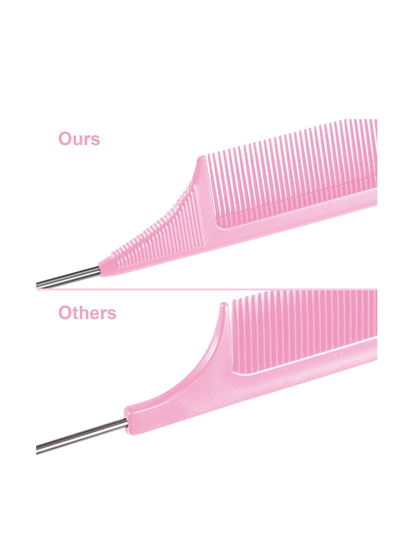 3 Packs Rat Tail Comb Steel Pin Rat Tail Carbon Fiber Heat Resistant Teasing Combs with Stainless Steel Pintail (Pink)