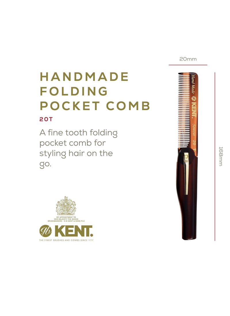 Kent 20T Handmade Folding Pocket Comb for Men, Fine Tooth Hair Comb Straightener for Everyday Grooming Styling Hair, Beard or Mustache, Use Dry or with Balms, Saw Cut Hand Polished, Made in England