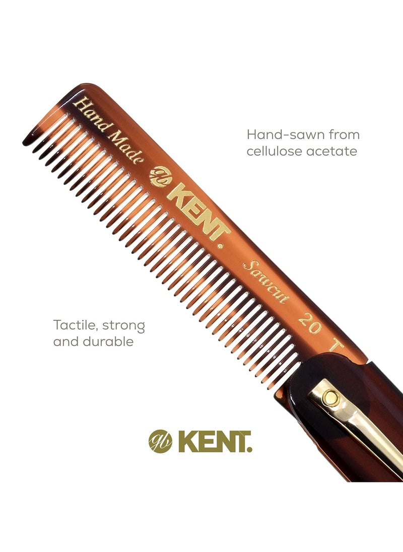 Kent 20T Handmade Folding Pocket Comb for Men, Fine Tooth Hair Comb Straightener for Everyday Grooming Styling Hair, Beard or Mustache, Use Dry or with Balms, Saw Cut Hand Polished, Made in England