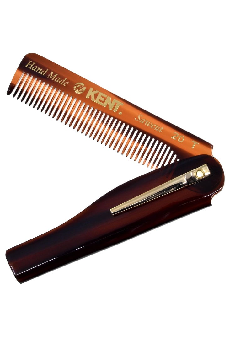 Kent 20T Handmade Folding Pocket Comb for Men, Fine Tooth Hair Comb Straightener for Everyday Grooming Styling Hair, Beard or Mustache, Use Dry or with Balms, Saw Cut Hand Polished, Made in England