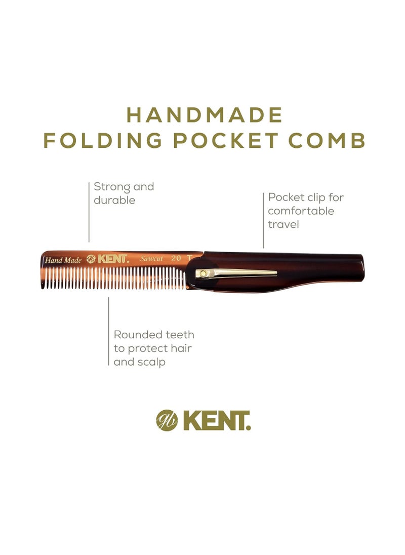 Kent 20T Handmade Folding Pocket Comb for Men, Fine Tooth Hair Comb Straightener for Everyday Grooming Styling Hair, Beard or Mustache, Use Dry or with Balms, Saw Cut Hand Polished, Made in England