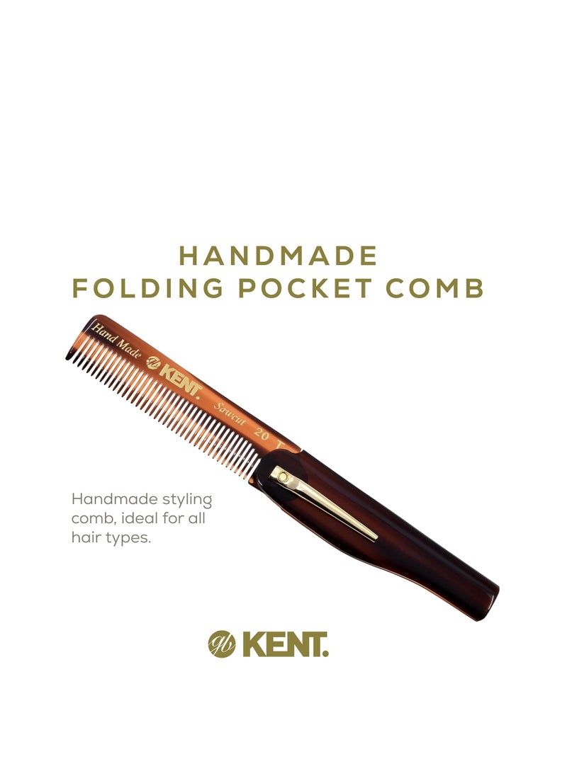 Kent 20T Handmade Folding Pocket Comb for Men, Fine Tooth Hair Comb Straightener for Everyday Grooming Styling Hair, Beard or Mustache, Use Dry or with Balms, Saw Cut Hand Polished, Made in England