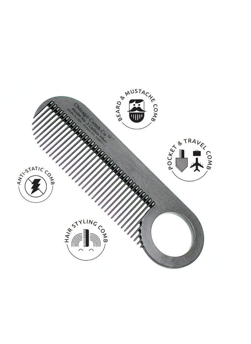 Chicago Comb Model 2 Carbon Fiber, Made in USA, Anti-static, 4 inches (10 cm) long, Fine-tooth, Pocket & Travel comb, for Thinner Hair, Beard & Mustache comb