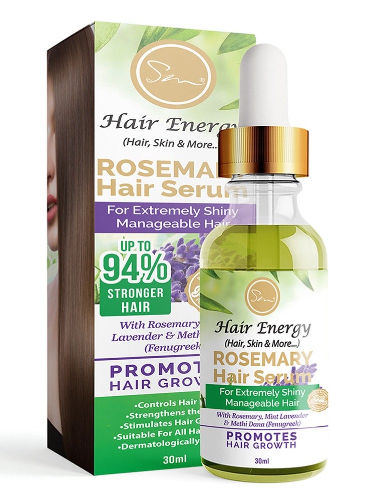 Hair Energy Rosemary Hair Serum | Up to 94% Stronger Hair | Stimulates Hair Growth | Shiny, Soft & Manageable Hair | Rosemary, Mint and Fenugreek (Methi) | Helps Reduce Hairfall | Paraben-free | 30 ml
