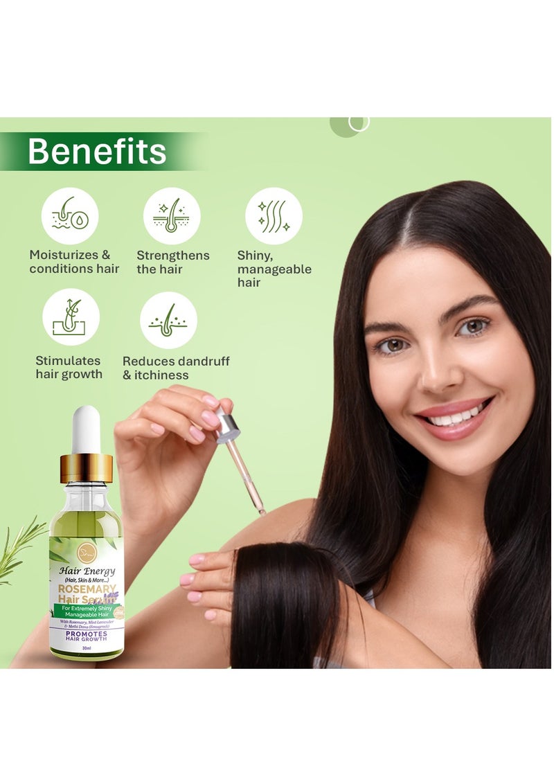 Hair Energy Rosemary Hair Serum | Up to 94% Stronger Hair | Stimulates Hair Growth | Shiny, Soft & Manageable Hair | Rosemary, Mint and Fenugreek (Methi) | Helps Reduce Hairfall | Paraben-free | 30 ml