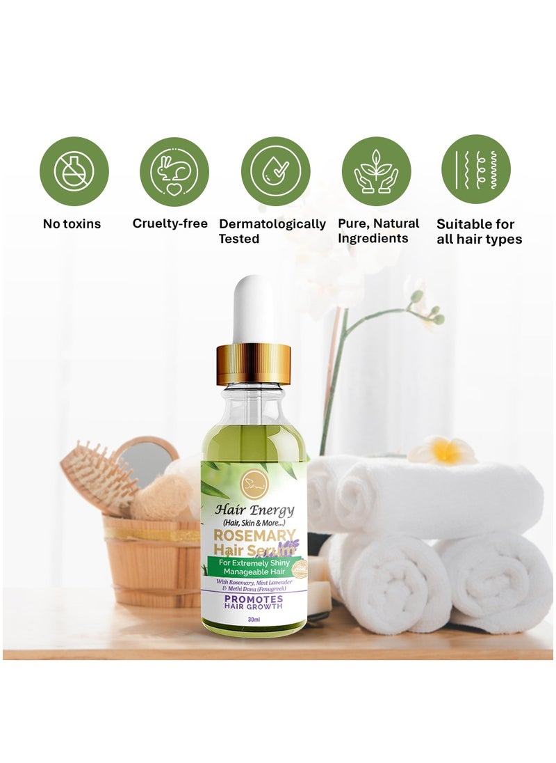 Hair Energy Rosemary Hair Serum | Up to 94% Stronger Hair | Stimulates Hair Growth | Shiny, Soft & Manageable Hair | Rosemary, Mint and Fenugreek (Methi) | Helps Reduce Hairfall | Paraben-free | 30 ml
