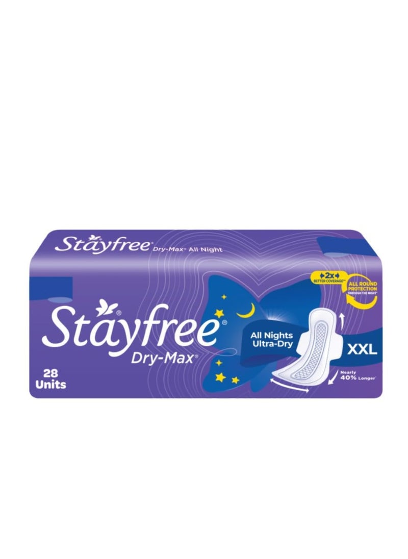 Stayfree Dry Max All Night XXL (28 pads) Dry Cover Sanitary Pads For Women With Wings