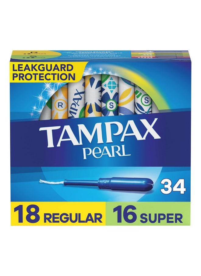 Tampax Pearl Tampons Multipack, Regular/Super Absorbency, With Leakguard Braid, Unscented, 34 Count