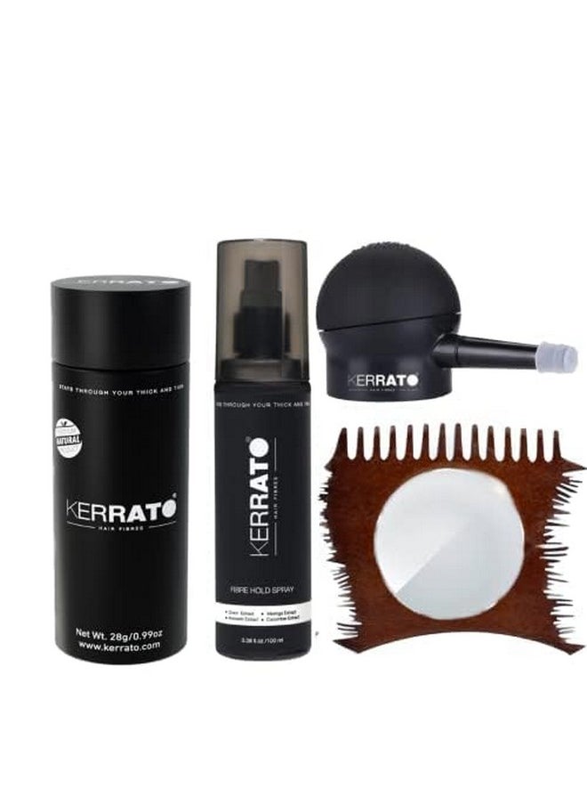 Kerrato Hair Fibres 28g (NATURAL BLACK) with Fibre Hold Spray (100ml), Optimizer Comb, and Pump | Confidence Kit for Fuller, Natural-Looking Hair | Hair Fiber Combo Kit