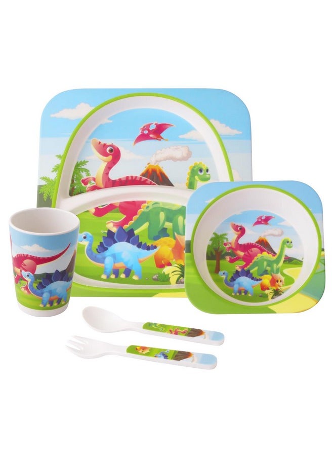 Melamine Toddler Dinnerware Set,5Pcs Baby Plates And Bowls,Melamine Kids Plates And Bowls Set,Kids Dishes Dinnerware Sets With Plate,Bowl,Cup,Fork And Spoon (Tyrannosaurus)