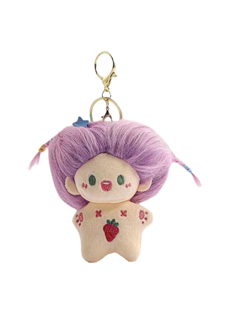 Creative DIY Hairstyle Cotton Doll, Cute Little Girl Schoolbag Pendant Plush Doll Car Keychain Schoolbag Pendant (Purple)