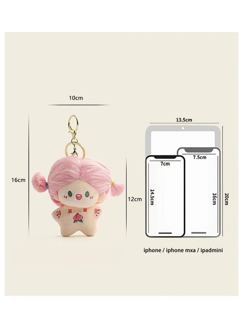 Creative DIY Hairstyle Cotton Doll, Cute Little Girl Schoolbag Pendant Plush Doll Car Keychain Schoolbag Pendant (Pink And Purple Color Matching)