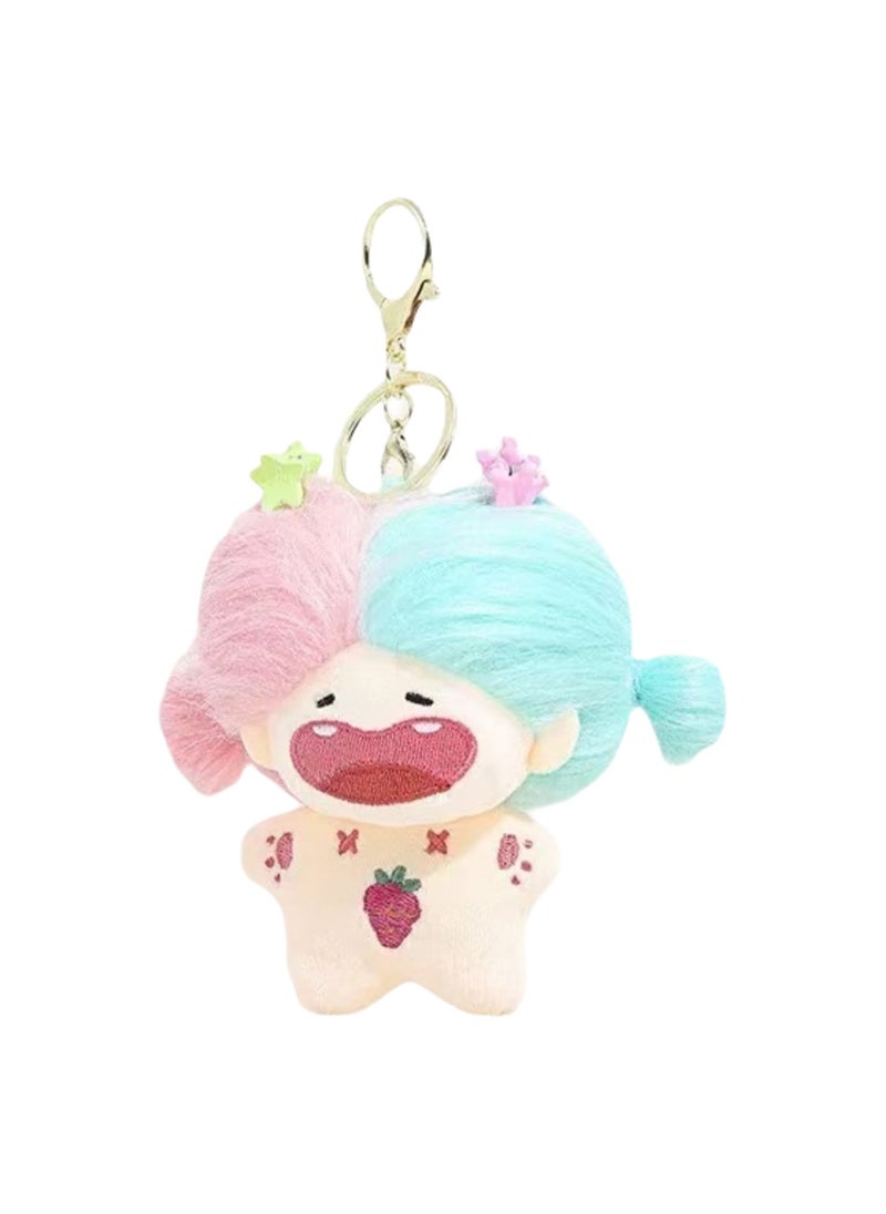 Creative DIY Hairstyle Cotton Doll, Cute Little Girl Schoolbag Pendant Plush Doll Car Keychain Schoolbag Pendant (Blue And Pink Color Matching)